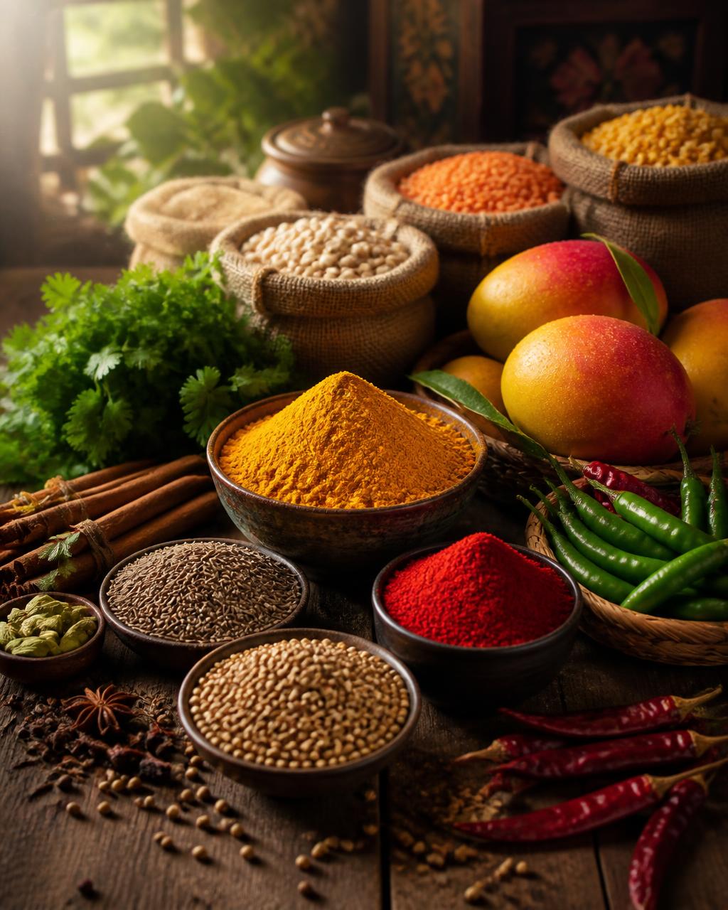 Fresh Indian spices, mangoes, lentils, and chilies arranged on a warm wooden table
