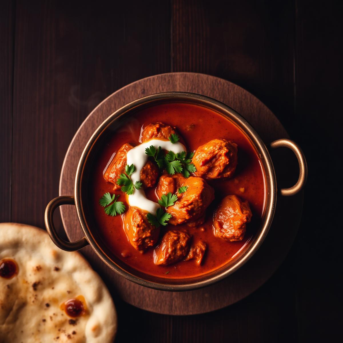 Steaming bowl of Chicken Tikka Masala with cilantro and naan